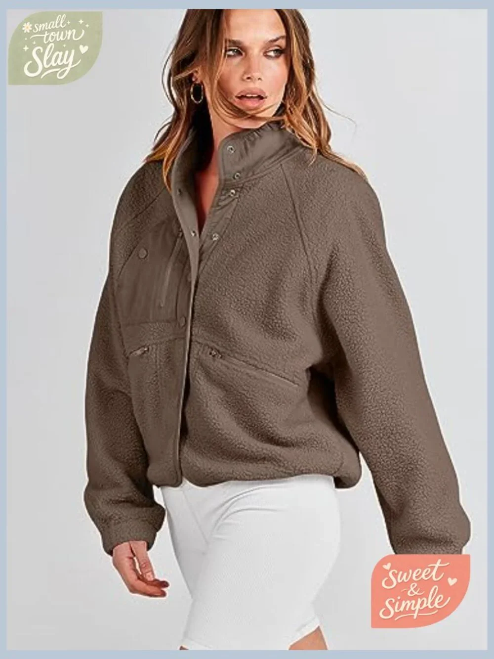 Womens Fuzzy Fleece Cropped Shacket with Pockets Long Sleeve Button Down Sherpa - Picture 5 of 7